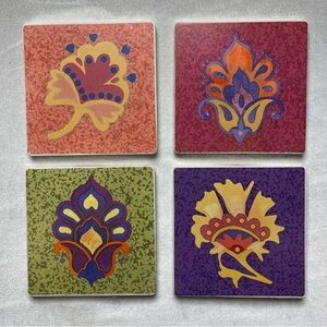 Vintage Clay Ceramic Tile Coasters Set of 4 Floral Motif